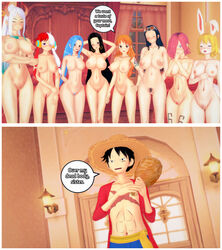 1boy 3d 6+girls 8girls boa_hancock breasts carrot_(one_piece) english_text female humor knockwolf male meat monkey_d_luffy multiple_girls nami nefertari_vivi nico_robin nude one_piece post-timeskip pussy refusal tattoo text uta_(one_piece) vinsmoke_reiju yamato_(one_piece) rating:Explicit score:362 user:RISE-16