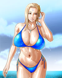 1girls big_breasts bikini bikini_bottom bikini_top blonde_hair blue_bikini breasts brown_eyes cleavage female female_only forehead_jewel hair huge_breasts large_breasts lips mature mature_female mature_woman milf naruto necklace neckwear saburo_des solo solo_female swimwear thighs tsunade wet wet_body rating:Questionable score:142 user:daft_human