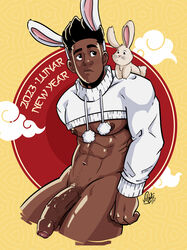 1boy african african_male big_cock big_penis boner bottomless crop_top dark-skinned_male dark_skin english_text erect_penis erection hard_on huge_cock lunar_new_year male male_only melanin muscles muscular muscular_male rabbit rabbit_(chinese_zodiac) rabbit_ears uncut veiny_penis velgaty year_of_the_rabbit zaki_(velgaty) rating:Explicit score:26 user:deleted101762