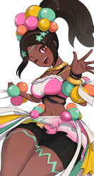 1girls ;d absurdres ass_visible_through_thighs balls bangs bare_shoulders black_hair breasts brown_eyes commentary crop_top dark-skinned_female dark_skin eyeshadow female female_only fire_emblem fire_emblem_engage frilled_skirt frills gonzarez hair_ornament highres hourglass_figure makeup medium_breasts midriff navel nintendo one_eye_closed orb parted_bangs pink_eyeshadow ponytail short_hair shorts simple_background skirt sleeveless smile solo star-shaped_pupils star_(symbol) symbol-shaped_pupils thick_thighs thighs timerra_(fire_emblem) white_background rating:Questionable score:86 user:kris923