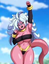 1girls android_21 android_21_(good) arm_up ass_visible_through_thighs big_breasts big_hips bio-android_(dragon_ball) blue_eyes bracelet breasts choker darwaarts dragon_ball dragon_ball_fighterz female_only gold_jewelry huge_breasts huge_thighs jewelry large_breasts majin_android_21 midriff mound_of_venus navel nipples_visible_through_clothing no_bra no_bra_under_clothes pink_skin smile solo tail thick_thighs thighs thong tight_clothing tubetop white_eyebrows white_hair wide_hips rating:Questionable score:191 user:Saxton_Jr