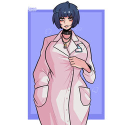 blue_hair bob_cut choker doctor eye_bags fishnets goth goth_girl lab_coat latex loggus_doggus necklace panting persona persona_5 persona_5_royal punk punk_girl red_eyes red_nails simple_background sling_bikini slingshot_swimsuit sweat sweatdrop swimsuit tae_takemi rating:Questionable score:176 user:Log_draws