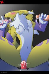  blush cum cum_inside cum_on_face digimon double_handjob fellatio group_sex handjob oral redwolfxiii renamon tongue vaginal_penetration  rating:explicit score: user:bot