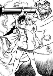  1girls 2boys antennae ass bazooka bazooka_ophisto black_and_white breast_press breasts carrying dance_mephisto demon demon_girl demon_tail demoness fanart female fur go_nagai hanappe_bazooka hanappe_yamada hugging kakuu_masaru leg_between_thighs looking_at_viewer male mephisto_dance monochrome monophallia naked ophisto_bazooka penis penis_digits penis_fingers style_imitation succubus  rating:questionable score: user:unclego