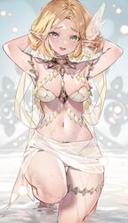 2023 alternate_costume belly_button blonde_hair cleavage elf_ears fairy feet great_fairy great_fairy_(cosplay) green_eyes hands_behind_head medium_breasts nintendo princess_zelda short_blonde_hair short_hair shuri_(84k) standing_in_water sweat tears_of_the_kingdom the_legend_of_zelda water wet wet_clothes zelda_(tears_of_the_kingdom) rating:Explicit score:230 user:shruck