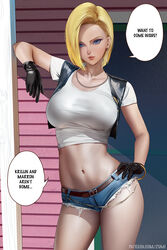 1girls android_18 blonde_hair blue_eyes booty_shorts breasts cheating_wife crop_top dialogue dragon_ball dragon_ball_z english_text female hand_on_hip implied_cheating jean_shorts large_breasts light-skinned_female light_skin milf navel short_hair short_shorts shorts slim_waist text thick_thighs toned vest wide_hips zumi rating:Questionable score:209 user:NightSky77