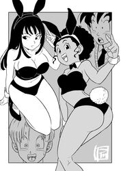 2boys 2girls :o afro bangs black_hair blush bunny_ears bunny_tail cleavage clothing dark-skinned_female dark_skin dragon_ball dragon_ball_super dragon_ball_super_super_hero dragon_ball_z greyscale light-skinned_female light_skin lingerie long_hair looking_at_viewer looking_away looking_back looking_down mai_(dragon_ball) monochrome navel open_mouth peace_sign pink_mousse purplemousse1 rulah_(dragon_ball) short_hair sidelocks smile son_goten sweat teenager thick_thighs trunks_(dragon_ball) trunks_briefs tubetop underwear watermark rating:Questionable score:127 user:HydratedAcorn