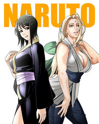 2girls absurdres bare_shoulders black_eyes black_hair blonde_hair breasts busty cleavage_cutout clothing_cutout female_focus female_only haori highres jacket japanese_clothes kimono large_breasts long_hair looking_at_viewer multiple_girls naruto naruto_(series) naruto_shippuden no_bra orange_eyes pants saburo_des shizune short_hair sideboob take_your_pick teacher_and_student thick_thighs thighs tsunade yukata rating:Safe score:66 user:Dekorin