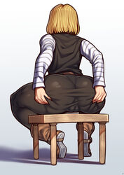 1girls android_18 ass back_view big_ass blonde_hair coffeelove68 dragon_ball dragon_ball_z fully_clothed grabbing_own_ass huge_ass leggings short_hair sitting sitting_on_chair solo thick_thighs thighs rating:Questionable score:192 user:Pawa-dawa