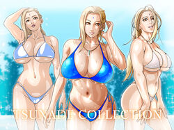 bare_shoulders beach bikini blonde_hair breasts collar female female_focus highres jewelry large_breasts looking_at_viewer mature mature_female midriff multiple_poses naruto naruto_(series) naruto_shippuden navel necklace orange_eyes saburo_des smile solo sweat swimsuit teasing thick_thighs thighs tsunade voluptuous wet rating:Questionable score:128 user:Dekorin