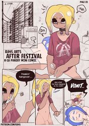 2boys blue_eyes blue_hair bottomless clothed clothing comic comic_page dialogue femboy feminine_male girly hangover light-skinned_male light_skin male male_only nude octoling octoling_boy orange_eyes otoko_no_ko partially_clothed penis ra4s shower showering splatoon tagme tan-skinned_femboy tan_body tanline trap twink vomit vomiting waking_up yaoi yellow_hair rating:Explicit score:124 user:RISE-16