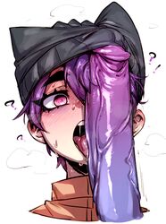 big_penis doppel erection hat licking_penis penis penis_awe penis_in_face portrait purple_hair purple_skin tongue wet white_background rating:Explicit score:544 user:parent