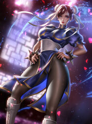 1girls big_breasts black_hair blue_eyes breasts brown_eyes chun-li large_breasts liang_xing naked nipples pantyhose pussy solo street_fighter rating:Explicit score:83 user:ZERO967