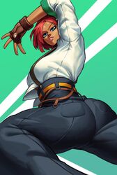 1girls absurd_res arc_system_works arms_above_head ass ass_focus belt big_ass big_butt blue_eyes breasts clothed clothed_female dark_skin dark_skinned_female giovanna_(guilty_gear) green_background guilty_gear guilty_gear_strive hi_res huge_ass lipstick looking_at_viewer medium_breasts nail_polish red_hair short_hair silver_nails solo sotcho rating:Questionable score:99 user:kallen2020