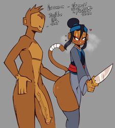 1boy 1girls 2023 absurd_res anthro ass biped bite biting_lip bloons_tower_defense blush bodily_fluids clothing dialogue duo english_text female foreskin genitals half-erect haplorhine heart hi_res holding_object holding_weapon long_penis male mammal monkey monkey_girl ninja_kiwi penis primate saltyxodium sauda simple_background smile sweat text weapon rating:Explicit score:164 user:bot