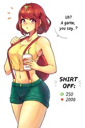 1girls alternate_costume babus_games backsack cosplay dialogue drink hi_res kasumi_(pokemon)_(cosplay) looking_at_viewer nintendo pokemon pyra red_eyes red_hair sequence short_hair shorts solo strip_game text tiara xenoblade_(series) xenoblade_chronicles_2 rating:Questionable score:82 user:shruck