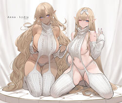 2girls blonde_hair blue_eyes brown_skin chocolate_and_vanilla dark-skinned_female dark_skin detached_sleeves dishwasher1910 ear_piercing elf elf_ears elf_female female light-skinned_female light_skin long_ears original original_character pointy_ears revealing_clothes ribbon ribbon_in_hair skindentation smile sweater thick_thighs thighhighs tight_clothing tight_fit virgin_destroyer_sweater virgin_killer_sweater white_ribbon wide_hips rating:Questionable score:467 user:NightSky77