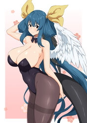 1girls angel_wings arc_system_works arm_above_head arm_up asymmetrical_wings bangs bare_shoulders black_bow black_bowtie black_leotard blue_hair blush border bow bowtie breasts bunnysuit chinese_zodiac cleavage collar collarbone covered_navel detached_collar dizzy_(guilty_gear) female fuuma_(bangolga1) guilty_gear hair_between_eyes hair_ribbon hair_rings highres huge_breasts large_breasts leotard long_hair looking_at_viewer monster_girl pantyhose pink_background playboy_bunny red_eyes ribbon sideboob sidelocks smile solo tail twintails white_border wings year_of_the_rabbit rating:Questionable score:32 user:vagabond512