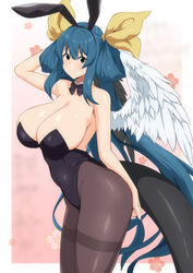 1girls angel_wings animal_ears arc_system_works arm_above_head arm_up asymmetrical_wings bangs bare_shoulders black_bow black_bowtie black_leotard blue_hair blush border bow bowtie breasts bunnysuit chinese_zodiac cleavage collar collarbone covered_navel detached_collar dizzy_(guilty_gear) fake_animal_ears female fuuma_(bangolga1) guilty_gear hair_between_eyes hair_ribbon hair_rings highres huge_breasts large_breasts leotard long_hair looking_at_viewer monster_girl pantyhose pink_background playboy_bunny rabbit_ears red_eyes ribbon sideboob sidelocks smile solo tail twintails white_border wings year_of_the_rabbit rating:Questionable score:46 user:vagabond512