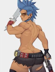 1girls 2d areolae ass ass_cleavage back_muscles belt big_ass blue_hair booty_shorts butt_crack dark-skinned_female fat_ass gun hi_res high_heels high_res huge_ass jewelry junker_queen knife large_ass looking_at_viewer looking_back muscular muscular_female overwatch overwatch_2 piercing red_eyes ripped_clothing shorts simple_background standing sweat thick_thighs thighs weapon white_background yoracrab rating:Explicit score:188 user:Slick_Pickle