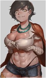 1girls 2020 2d 2d_(artwork) abs amber_eyes arms_behind_head athletic athletic_female big_breasts biting_lip breasts brown_hair chains cleavage ember_(mr.cinders) exposed_breasts eyebrows female female_focus female_only fit fit_female hi_res highres holding_breasts ibuo jean_shorts jeans large_breasts light-skinned_female light_skin midriff mr.cinders muscular muscular_female navel necklace original original_character panty_straps red_jacket short_hair smile smiling smiling_at_viewer smirk smirking smirking_at_viewer solo solo_focus taped_hands teeth teeth_showing thighhighs thong_above_shorts thong_straps tomboy toned toned_female toned_stomach white_background white_shirt rating:Safe score:127 user:WinnebagoMusket