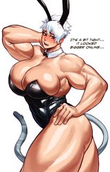 1girls absurd_res big_breasts blush bunny_ears bunny_ears_(cosmetic) bunnysuit detached_collar dialogue dragon_ball embarrassed english_text female female_only hand_behind_head hand_on_hip kei_(subway_gorilla) muscles muscular muscular_female muscular_thighs neck_ribbon original original_character red_eyes saiyan saiyan_tail short_hair solo sotcho tail white_background white_hair rating:Questionable score:95 user:!nner$elf89