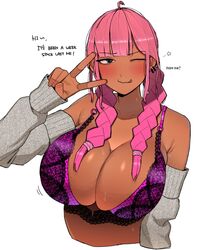 1girls :p arm_sleeves bangs big_breasts blunt_bangs blush bra cleavage dark-skinned_female dark_skin dialogue english_text enormous_breasts female female_only huge_breasts looking_at_viewer massive_breasts narrowed_eyes ohasi pink_(ohasi) pink_hair smiling smiling_at_viewer solo talking_to_viewer twin_braids v_sign wavy_mouth white_background wink winking_at_viewer rating:Questionable score:86 user:!nner$elf89