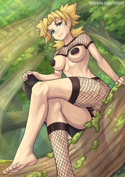 1girls arm_support barefoot barely_clothed big_breasts blonde_hair breasts covered_nipples covered_pussy crop_top fan female female_only fishnet_legwear fishnets folding_fan forest holding_object kunoichi legwear log looking_at_viewer mostly_nude naruto naruto_(series) naruto_shippuden nature ninja no_bra no_panties no_shoes one_stocking outdoors pasties quad_tails redjet revealing_clothes smile solo solo_focus stockings teal_eyes temari tree wood rating:Questionable score:147 user:Dekorin