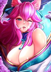 1girls ahri bare_shoulders blue_eyes breasts busty cleavage female forest fox_ears fox_girl kemonomimi league_of_legends nine_tailed_fox nipple_outline one_eye_closed open_mouth pink_hair pudding300 ribbon saliva saliva_string solo_female spirit_blossom_ahri spirit_blossom_series tagme vastaya wink rating:Questionable score:70 user:Pudding300