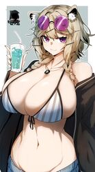 animal_ears arknights big_breasts bikini_top blonde_hair breasts cleavage doctor_(arknights) gin_moku glasses_on_head holding_object looking_at_viewer purple_eyes tagme utage_(arknights) utage_(summer_flowers)_(arknights) rating:Questionable score:73 user:hifper