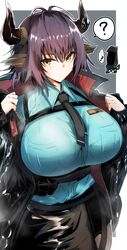 animal_ears arknights big_breasts clothed clothed_female coat doctor gin_moku horns looking_at_viewer question_mark sideroca_(arknights) tagme tie yellow_eyes rating:Questionable score:63 user:hifper