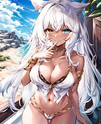 1girls ai_generated beach cat_ears cat_tail catgirl dark-skinned_female dark_skin facial_markings final_fantasy final_fantasy_xiv heterochromia large_breasts long_hair looking_at_viewer miqo'te miyuki_mochizuki navel necklace outside revealing_clothes revealing_panties seductive_smile smile thigh_gap wrist_cuffs rating:Explicit score:55 user:MiyukiVA