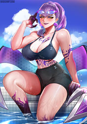 badcompzero big_breasts blush evelynn female glasses glasses_on_head gym_uniform k/da_all_out_evelynn k/da_all_out_series k/da_series league_of_legends league_of_legends:_wild_rift pale-skinned_female pale_skin pool poolside purple_hair sports_bra sportswear succubus tattoo thick_thighs watermark wet yellow_eyes rating:Safe score:159 user:Adoptivecandy