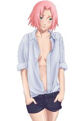 1girls amenoosa bare_chest bare_legs blouse breasts cleavage denim denim_shorts female female_only green_eyes hand_in_pocket hi_res legs_together long_hair medium_breasts medium_hair nail_polish naruto naruto_(series) naruto_shippuden no_bra open_clothes open_shirt petite pink_hair sakura_haruno shirt shorts shoulder_length_hair sleeves_rolled_up small_breasts smile solo solo_focus unbuttoned unbuttoned_shirt rating:Questionable score:39 user:Dekorin