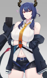 arknights blue_hair ch'en_(arknights) doctor_(arknights) dragon_girl dragon_horns dragon_tail heart heart-shaped_pupils holding_phone horns hypnosis kanta_(kanta_077) phone shorts tagme tail tie rating:Questionable score:67 user:hifper