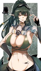 1girls arknights big_breasts bikini_top breasts doctor_(arknights) gas_mask gavial_(arknights) gavial_the_invincible_(arknights) gin_moku goggles_on_head green_hair hand_on_hip light-skinned_female light_skin long_hair looking_at_viewer oripathy_lesion_(arknights) pointy_ears tagme tail yellow_eyes rating:Questionable score:107 user:hifper