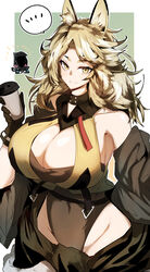 1boy 1girls 2023 animal_ears arknights armpits bare_shoulders belly belly_button big_breasts blonde_hair breasts cat_ears catgirl cleavage cleavage_cutout coffee cowboy_shot cup doctor_(arknights) gin_moku gloves hi_res hips looking_at_viewer medium_hair messy_hair quercus_(arknights) smile solo standing upper_body rating:Safe score:47 user:MatTheV24-7