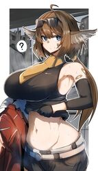 aciddrop_(arknights) animal_ears arknights belly belt blue_eyes breasts brown_hair clothes_lift female gin_moku gloves jacket large_breasts scarf sunglasses sunglasses_on_head sweat rating:Questionable score:29 user:MatTheV24-7