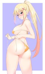 ass ass_focus bikini blonde_hair blue_eyes blush bra breasts darkness_(konosuba) female gold_bikini hair_ornament highres huge_ass huge_breasts kippuru kono_subarashii_sekai_ni_shukufuku_wo! large_breasts long_hair source_request swimsuit thick_thighs thighs thong thong_bikini underwear x_hair_ornament rating:Explicit score:100 user:bot