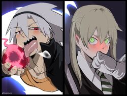 1boy 1girls blush cardigan gloves jacket kurenaiz1 maka_albarn saliva seductive_look seductive_mouth sharp_teeth shocked soul_eater soul_eater_evans tagme tie transformation white_hair rating:Questionable score:143 user:Gliding