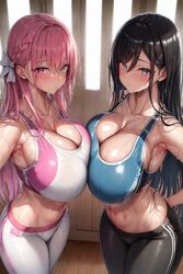 2023 2girls ai_generated anime_nose black_hair blue_eyes blush breasts cleavage female green_eyes heterochromia holaraai huge_breasts indoors light-skinned_female light_skin long_hair massive_breasts midriff navel original original_character pink_eyes pink_hair selfie slim_waist sports_bra sportswear stable_diffusion sweat sweaty_body thick_thighs thighs tight_clothing yoga_pants rating:Questionable score:258 user:NightSky77