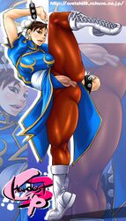 bracelet breasts brown_eyes brown_hair capcom censored china_dress chinese_clothes chun-li double_bun earrings female female_only highres huge_breasts human jewelry oreteki pantyhose pussy solo spiked_bracelet spikes straight_hair street_fighter rating:Explicit score:6 user:bot