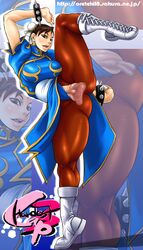 bracelet breasts brown_eyes brown_hair capcom censored china_dress chinese_clothes chun-li double_bun earrings female female_only highres huge_breasts human jewelry oreteki pantyhose pussy solo spiked_bracelet spikes straight_hair street_fighter rating:Explicit score:6 user:bot