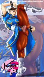 bracelet breasts brown_eyes brown_hair capcom censored china_dress chinese_clothes chun-li double_bun earrings female female_only highres huge_breasts human jewelry oreteki pantyhose pubic_hair pussy solo spiked_bracelet spikes straight_hair street_fighter rating:Explicit score:6 user:bot