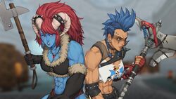 2girls abs angry blue_hair blue_skin braid breikka collar demon fur gloves hedon junker_queen muscular muscular_female nonude orc overwatch piercing piercings red_hair spiked_collar spikes zan_(hedon) rating:Questionable score:73 user:Footafan669