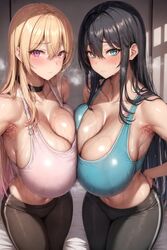 2girls ai_generated black_hair blonde_hair blue_eyes blush breast_to_breast breasts female hand_on_hip holaraai huge_breasts indoors light-skinned_female light_skin long_hair looking_at_viewer original original_character pink_eyes slim_waist sports_bra sportswear sweat sweaty_body thick_thighs thighs tight_clothing yoga_pants rating:Questionable score:116 user:NightSky77