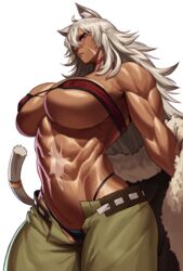 1girls absurd_res big_breasts cat_ears cat_tail catgirl dark-skinned_female dark_skin female female_only ghislaine_dedoldia grey_hair hair_over_one_eye jacket_partially_removed long_hair looking_at_viewer muscles muscular muscular_female mushoku_tensei narrowed_eyes nipple_bulge open_pants pants red_eyes solo sotcho tail thong topwear viewed_from_below white_background rating:Questionable score:113 user:!nner$elf89