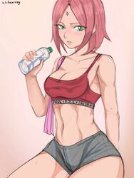 1girls abs bare_arms bare_shoulders bare_thighs blush bob_cut booty_shorts boruto:_naruto_next_generations bottle bra cleavage clothed clothing female female_only forehead_jewel forehead_mark fully_clothed green_eyes gym_clothes gym_shorts gym_uniform hi_res high_resolution highres hourglass_figure light-skinned_female light_skin looking_at_viewer mature mature_female medium_hair milf minishorts naruto naruto_(series) pink_hair pinup sakura_haruno short_shorts shorts shoulder_length_hair shounen_jump small_breasts solo solo_female solo_focus sports_bra sweat sweatdrop thick_thighs thighs toned toned_female uchihaniray water_bottle wide_hips rating:Safe score:76 user:DarksideRose