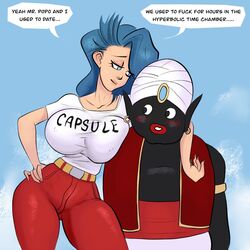 1boy 1girls 2022 blue_eyes blue_hair blush breast_squish breasts bulma_briefs bulma_briefs_(post_saiyan_saga) cicadahh clothed clothing dark-skinned_male dark_skin dialogue dragon_ball dragon_ball_z female hi_res highres large_breasts long_hair looking_at_another male mr_popo speech_bubble straight text rating:Questionable score:136 user:Moxee