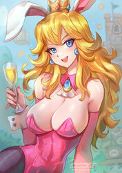 1girls big_breasts block blonde_hair blue_eyes blush bowser bunny_ears castle collar crown curly_hair earrings female_focus gem glass jammeryx large_breasts leaning lingerie long_hair looking_at_viewer mario mario_(series) nail_polish nails open_mouth pink_clothing pink_nails princess_peach smiling solo_focus super_mario_bros. toad_(mario) wine wine_glass wristwear rating:Explicit score:130 user:from_where